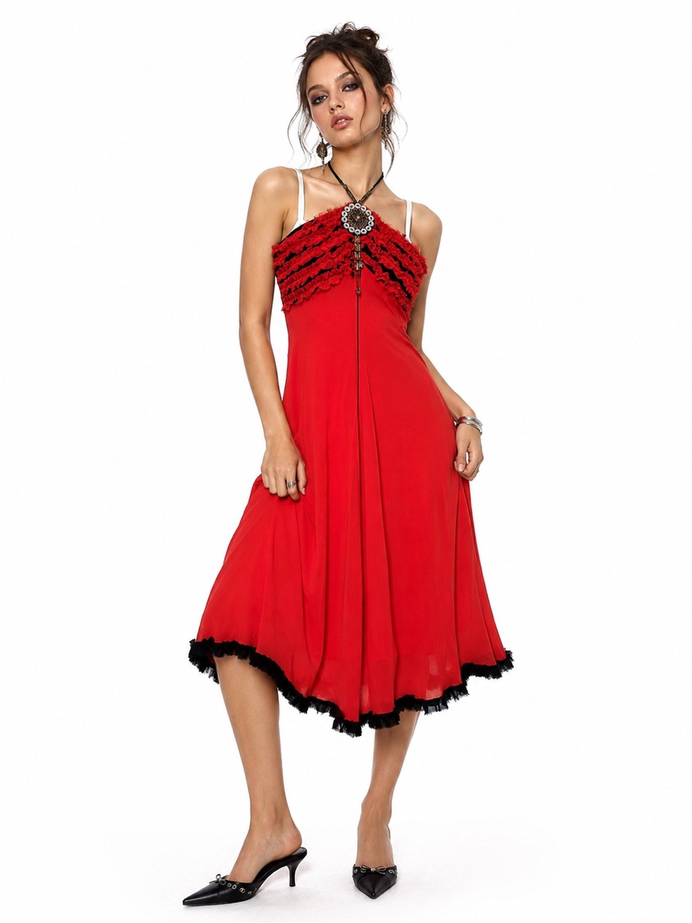 Y2K Silk Halter Tie Midi Dress Ruffle Beaded Baddie Fairy Grunge Boho Eclectic